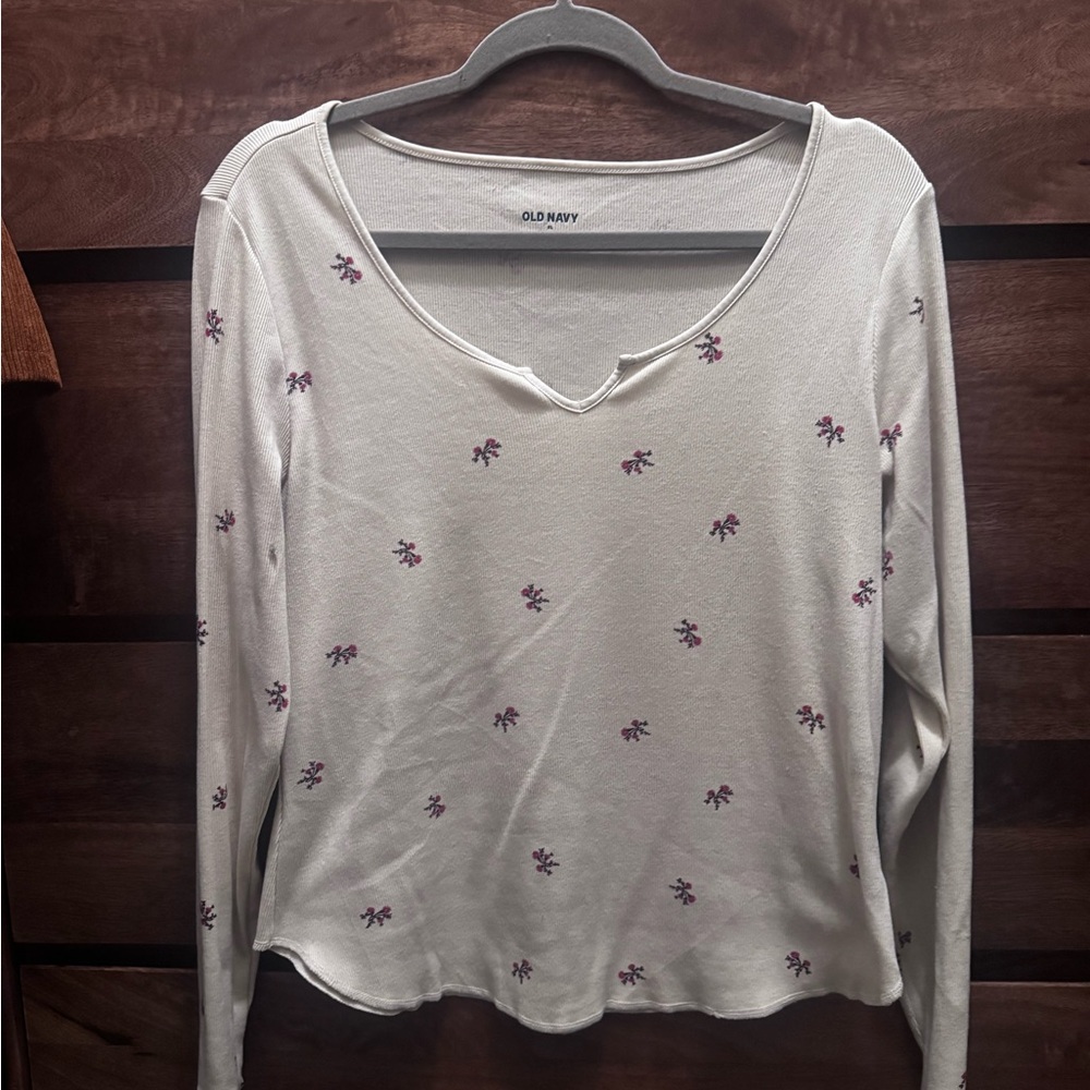 Old Navy Cream Long Sleeve Tee with Purple Floral Design
